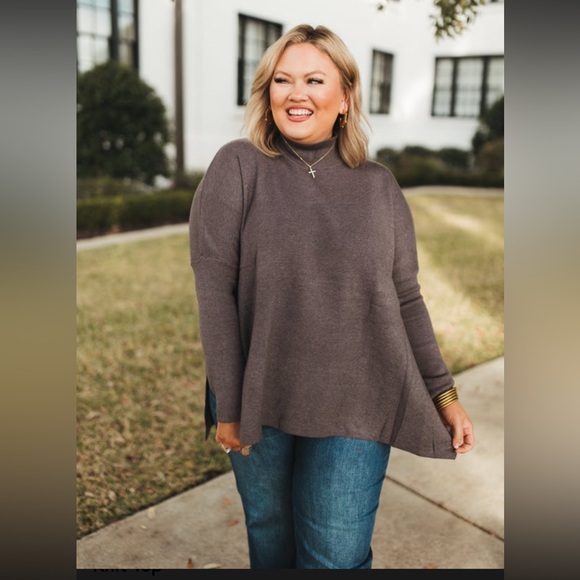 entro Sweaters - Charcoal Mock Neck Side Slit Oversized
Knit Top